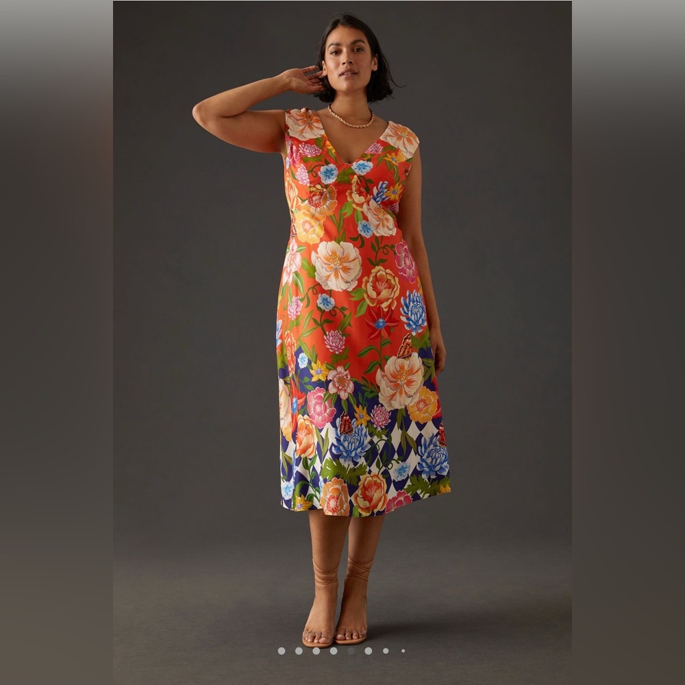 Anthropologie Floral Midi Dress - Orange, Blue, Pink